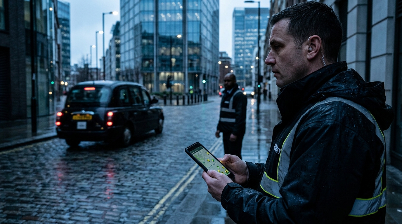 Security officer in uniform using a smartphone outdoors, with icons suggesting radio communication and incident alerts visible on the screen.