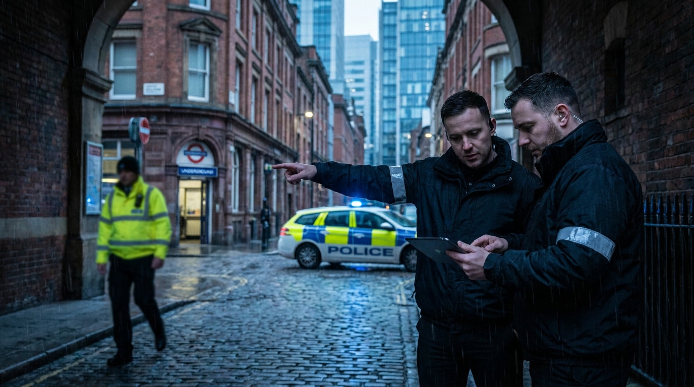 Two uniformed security officers communicating via radio on a busy UK high street, with shoppers and storefronts visible in the background.