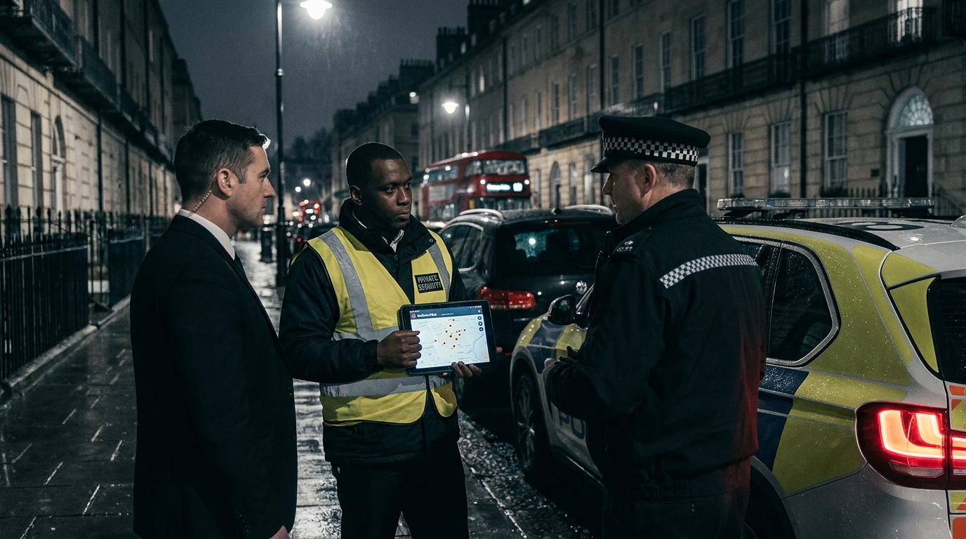 Security officer and police officer standing together on a city street, viewed from the front.