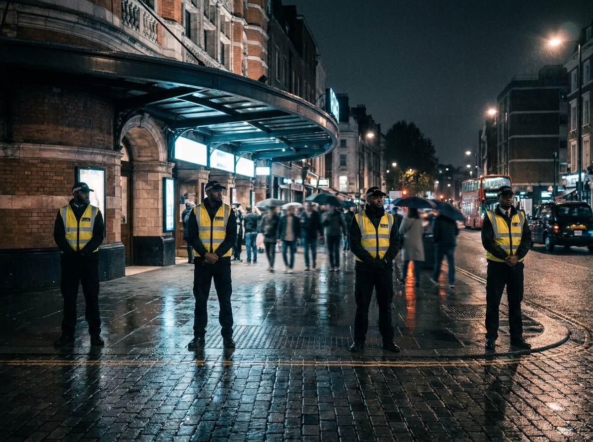 Four security officers in black uniforms and hi-vis vests stand at separate positions along a rain-wet London high street outside a large entertainment venue at night.